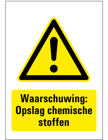 Opslag chemische stoffen bord, rechthoekig, geel zwart, symbool uitroepteken met tekst opslag chemische stoffen