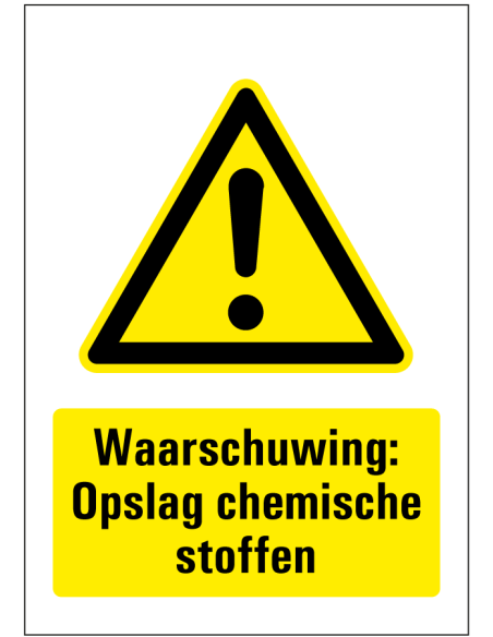 Opslag chemische stoffen bord, rechthoekig, geel zwart, symbool uitroepteken met tekst opslag chemische stoffen