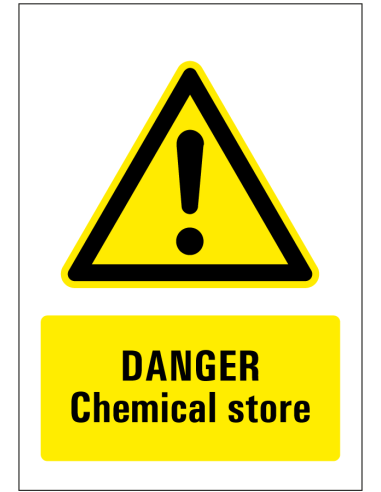 Danger chemical store sticker, geel zwart, rechthoekig, uitroepteken met tekst danger chemical store