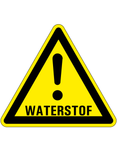 Waarschuwingssticker waterstof, driehoekig, geel zwart, uitroepteken met tekst waterstof