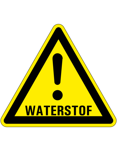 Waarschuwingssticker waterstof, driehoekig, geel zwart, uitroepteken met tekst waterstof