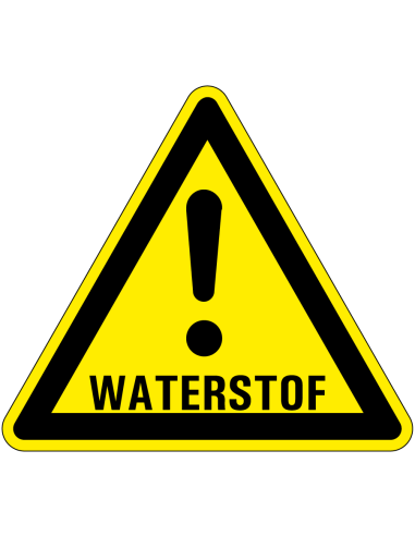 Waarschuwingsbord waterstof, driehoekig, geel zwart, uitroepteken met tekst waterstof