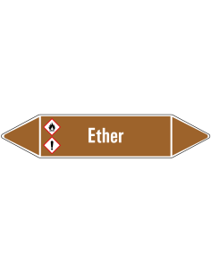 Ether leidingmarkering op vel, bruin wit, Nederlandse tekst ether, GHS02 en GHS07 pictogram