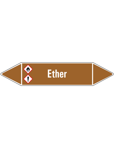 Ether leidingmarkering op vel, bruin wit, Nederlandse tekst ether, GHS02 en GHS07 pictogram