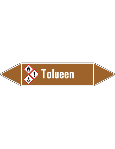 Tolueen leidingmarkering op vel, bruin wit, Nederlandse tekst tolueen , GHS02, GHS07 en  GHS08 pictogram