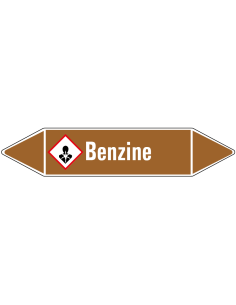 Benzine leidingmarkering op vel, bruin wit, Nederlandse tekst benzine, GHS08 pictogram