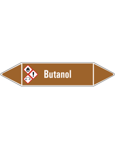 Butanol leidingmarkering op vel, bruin wit, Nederlandse tekst butanol, GHS02, GHS05 en  GHS07 pictogram
