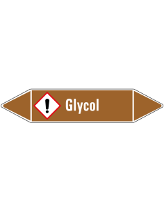 Glycol leidingmarkering op vel, bruin wit, Nederlandse tekst glycol, GHS07 pictogram