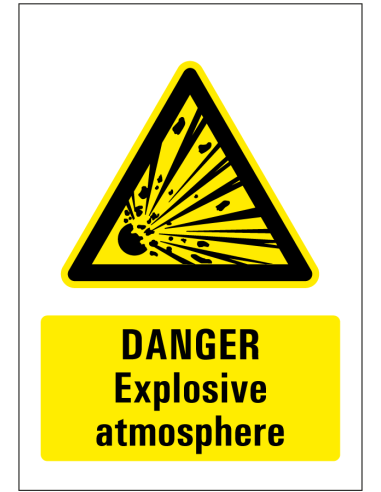 Danger explosive atmosphere sticker, geel zwart, rechthoekig, explosie symbool met tekst danger explosive atmosphere
