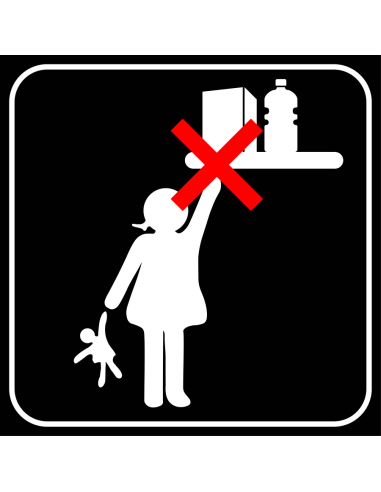Buiten bereik van kinderen houden bord, zwart wit, vierkant, symbool kind wil iets van schap pakken