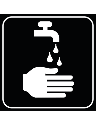 Na gebruik handen afspoelen bord, vierkant, zwart wit, symbool hand met kraan en water