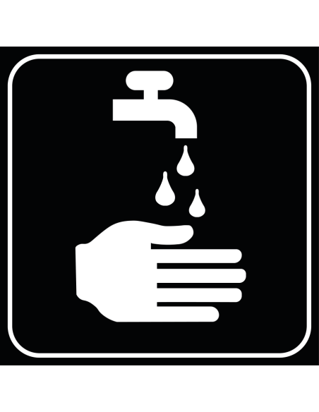 Na gebruik handen afspoelen bord, vierkant, zwart wit, symbool hand met kraan en water