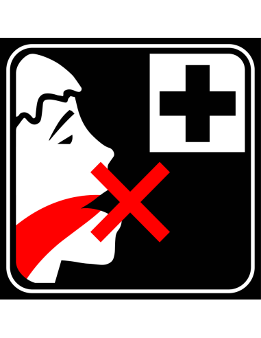 Niet inslikken anders arts raadplegen bord, vierkant, zwart wit, symbool persoon met kruis
