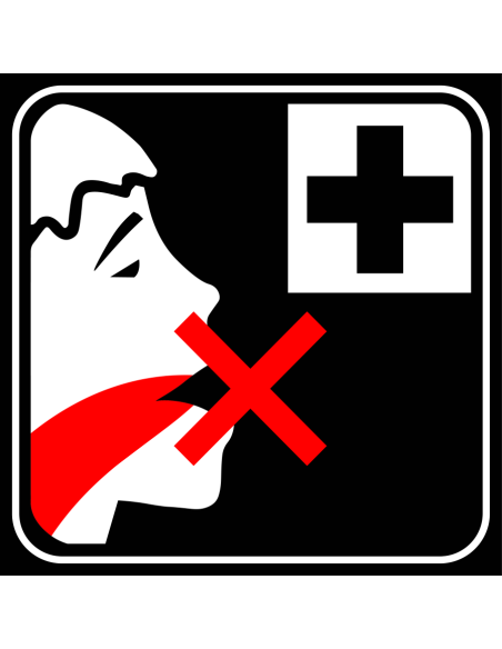 Niet inslikken anders arts raadplegen bord, vierkant, zwart wit, symbool persoon met kruis