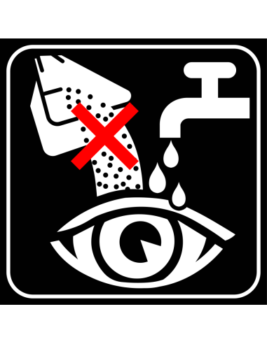 Oogcontact vermijden anders uitspoelen met water bord, zwart wit, vierkant, symbool oog en vloeistof