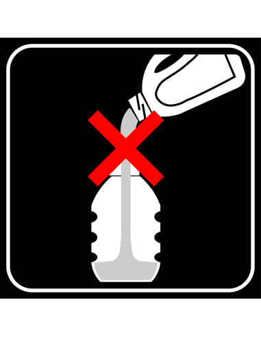 Product in oorspronkelijke verpakking bewaren bord, zwart wit, vierkant, symbool overschudden fles en rood kruis