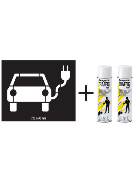 Spuitsjablonen parkeerplaats elektrische auto - kunststof - 2 stuks, met 2 bussen markeerverf