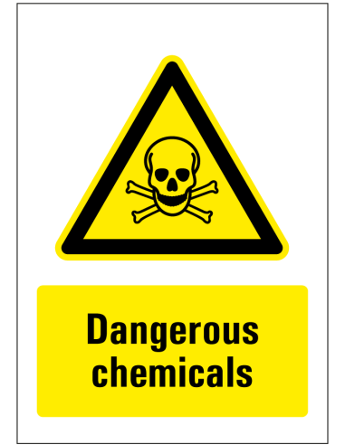 Dangerous chemicals sticker, rechthoekig, geel zwart wit, symbool doodshoofd en tekst dangerous chemicals