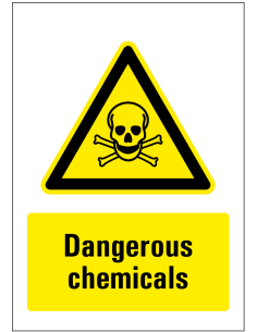 Dangerous chemicals bord, rechthoekig, geel zwart wit, symbool doodshoofd en tekst dangerous chemicals