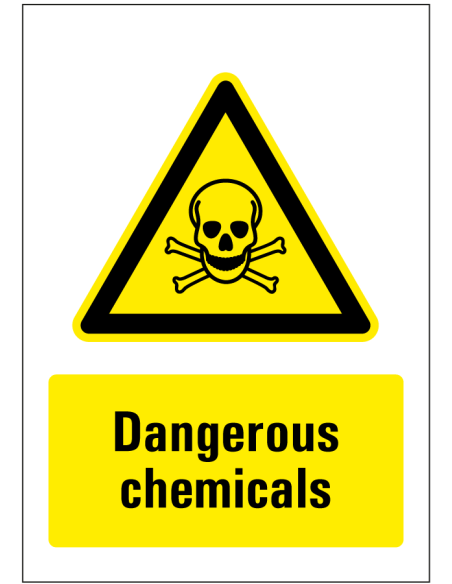 Dangerous chemicals bord, rechthoekig, geel zwart wit, symbool doodshoofd en tekst dangerous chemicals