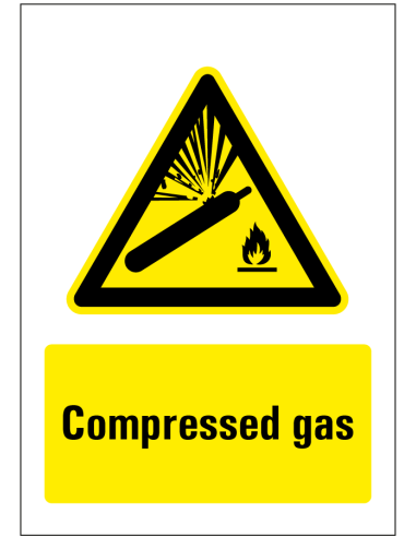 Compressed gas bord, rechthoekig, geel zwart, symbool explosie gasfles en tekst compressed gas