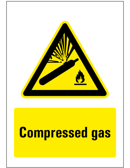 Compressed gas bord, rechthoekig, geel zwart, symbool explosie gasfles en tekst compressed gas