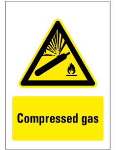 Compressed gas sticker, rechthoekig, geel zwart, symbool explosie gasfles en tekst compressed gas