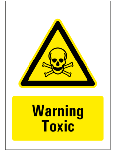 Warning toxic sticker, rechthoekig, geel zwart, symbool doodshoofd en tekst warning toxic