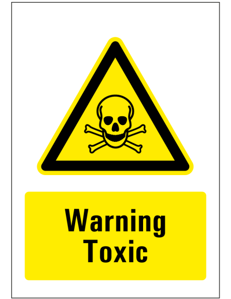Warning toxic bord, rechthoekig, geel zwart, symbool doodshoofd en tekst warning toxic