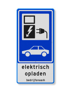 Verkeersbord elektrisch opladen met eigen tekst, aluminium DOR, blauw wit, rechthoekig