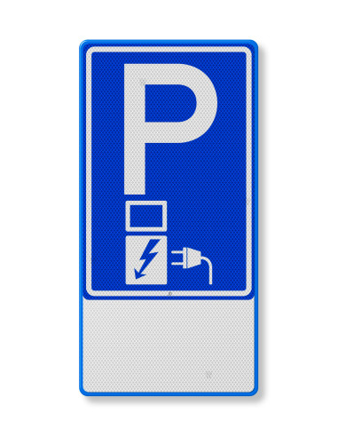 Verkeersbord oplaadpunt met eigen tekst, aluminium DOR, blauw wit, rechthoekig, symbool elektrisch oplaadpunt