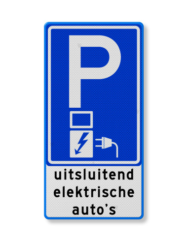 Verkeersbord parkeren uitsluitend elektrische auto's, aluminium DOR, blauw wit, rechthoekig