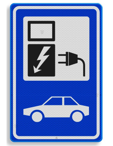 Verkeersbord elektrisch oplaadpunt, aluminium DOR, blauw wit zwart, rechthoekig, symbool auto opladen