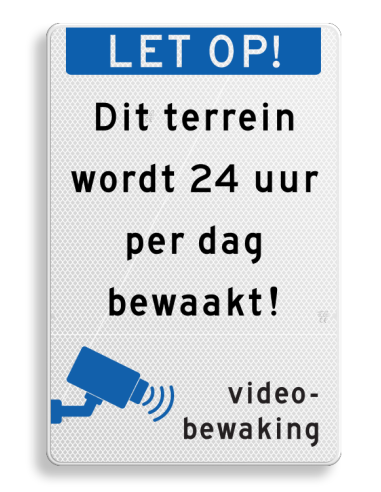Verkeersbord videobewaking, aluminium DOR, blauw wit, rechthoekig, symbool videobewaking met tekst