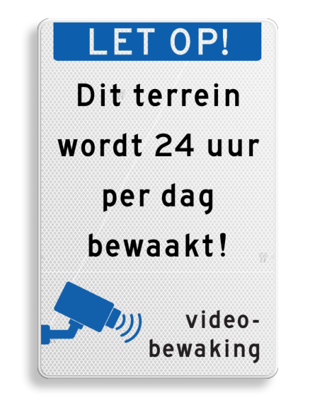 Verkeersbord videobewaking, aluminium DOR, blauw wit, rechthoekig, symbool videobewaking met tekst