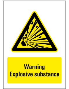Warning explosive substance sticker, geel zwart, rechthoekig, symbool explosie met Engelse tekst