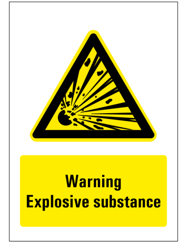 Warning explosive substance bord, geel zwart, rechthoekig, symbool explosie met Engelse tekst
