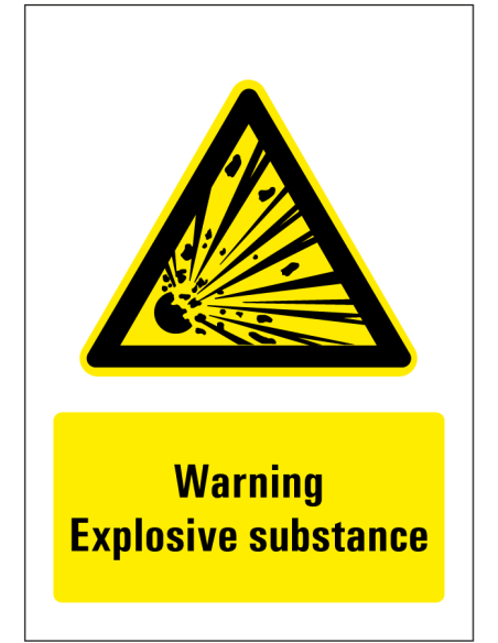 Warning explosive substance bord, geel zwart, rechthoekig, symbool explosie met Engelse tekst