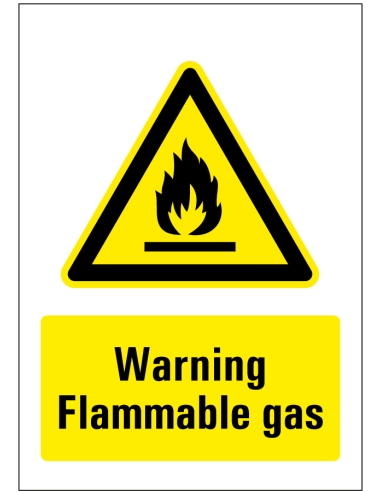 Warning flammable gas bord, geel zwart, rechthoekig, brandgevaar pictogram met Engelse tekst
