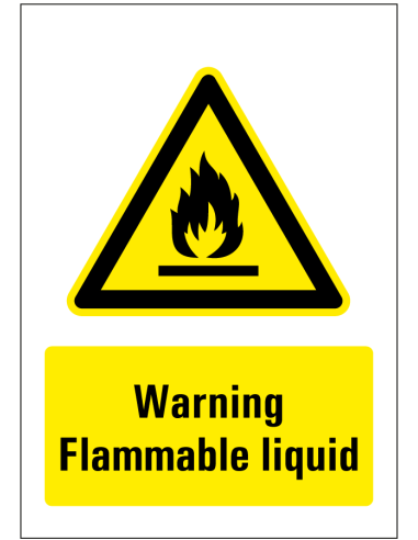 Warning flammable liquid sticker, geel zwart, rechthoekig, brandgevaar pictogram met Engelse tekst