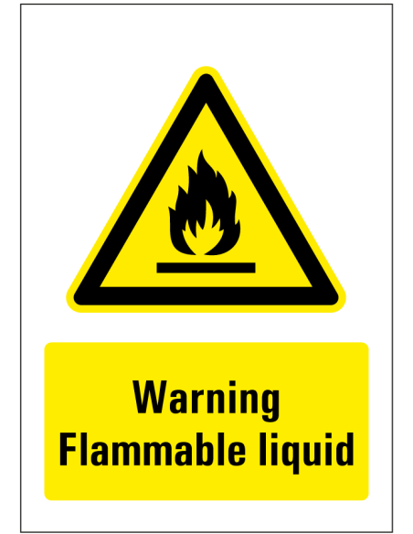 Warning flammable liquid bord, geel zwart, rechthoekig, brandgevaar pictogram met Engelse tekst