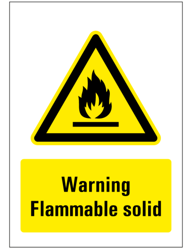 Warning flammable solid bord, geel zwart, rechthoekig, brandgevaar pictogram met Engelse tekst
