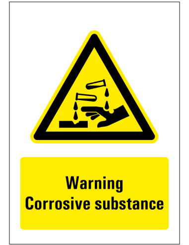Warning corrosive substance bord, geel zwart, rechthoekig, symbool bijtende stoffen met Engelse tekst