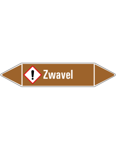 Zwavel leidingmarkering op vel, bruin wit, Nederlandse tekst zwavel, GHS07 pictogram