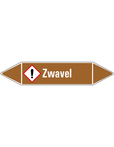 Zwavel leidingmarkering op vel, bruin wit, Nederlandse tekst zwavel, GHS07 pictogram