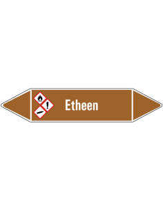 Etheen leidingmarkering op vel, bruin wit, Nederlandse tekst etheen, GHS02, GHS03, GHS04 pictogram