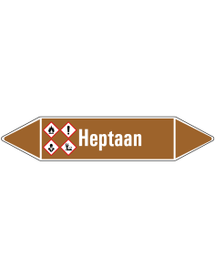 Heptaan leidingmarkering op vel, bruin wit, Nederlandse tekst heptaan, GHS02, GHS07, GHS08 en GHS09 pictogram