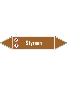 Styreen leidingmarkering op vel, bruin wit, Nederlandse tekst styreen, GHS02 en GHS07 pictogram