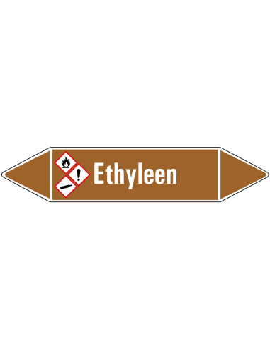 Etheen leidingmarkering op vel, bruin wit, Nederlandse tekst ethyleen, GHS02, GHS04 en GHS07 pictogram