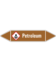 Petroleum leidingmarkering op vel, bruin wit, Nederlandse tekst petroleum, GHS08 pictogram